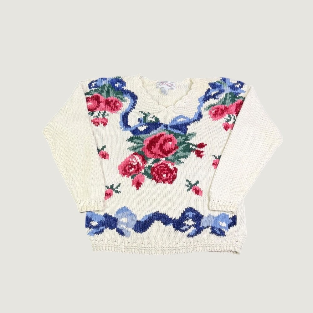 Vintage Nuggets Men Cream Floral Ribbon Knit Sweater Ramie Cotton Large V-Neck